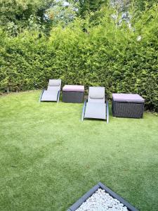 3 chaises longues sur l'herbe dans un jardin dans l'établissement WellnessStudioTiel, à Norwich