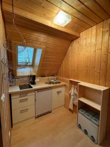 - une cuisine dans une cabine avec un évier et une fenêtre dans l'établissement Haus Tannenzäpfle, à Waldachtal