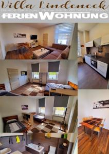 a collage of pictures of a living room and a kitchen at VILLA LINDENECK BUSiNESS in Bernburg