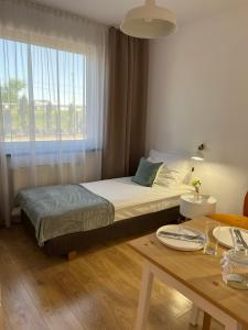 1 dormitorio con cama, mesa y ventana en Hotel 500 W Strykowie, en Stryków