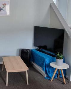 a living room with a table and a large tv at Linden Lodge Haven in Wellington