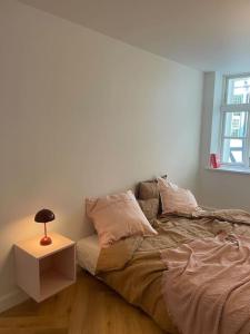 a bedroom with a bed with a lamp on a table at Nyrenoveret charmerende lejlighed i Odense C! in Odense
