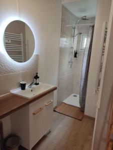 uma casa de banho com um lavatório e um chuveiro com um espelho. em La Saint Quentinoise (avec cour) em Saint-Quentin