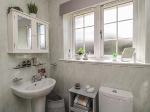 ein Bad mit einem Waschbecken, einem WC und Fenstern in der Unterkunft Island View Cottage in Morpeth + 26 Fotos
