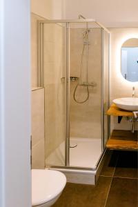 a bathroom with a shower and a toilet and a sink at Aneton Garni Hotel in Thale