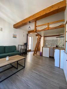 a living room with a green couch and a table at Gap centre ville - joli studio in Gap