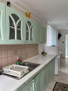 a kitchen with green cabinets and a sink at Tápé in Szeged