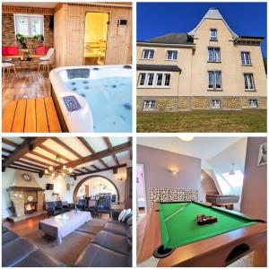 a collage of photos with a house and a pool table at Le Manoir de la Rulette 20P well-ness BBQ Jardin terrasse ping pong salle de jeux in Tintigny