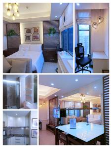 un collage di tre foto di una camera d'albergo di Two Palmtree Villas Across Manila Airport Terminal 3 -JJRMK Condotel a Manila