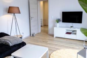 TV a/nebo společenská místnost v ubytování Design Maisonette - 24h Self-Check- GONDWANA Park - bis 7 Pers - In direkter Weihernähe - Parkplatz - WiFi - Balkon -Terrasse