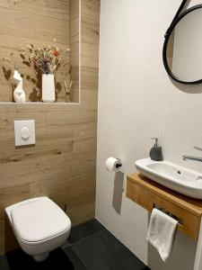 a bathroom with a white toilet and a sink at La Grange des Duc(s) in Eckbolsheim