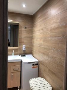 a small bathroom with a sink and a washer and dryer at VS Luxury House in Grammatiko