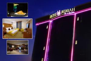 um quarto de hotel com um letreiro de néon na parede em Rose Jeddah Hotel em Jeddah
