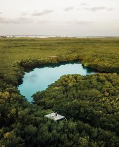 uma pessoa de pé em uma pequena ilha em uma piscina de água em Uman Glamping & Cenote Tulum em Tulum