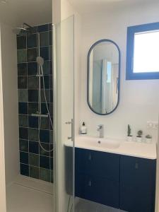 ein Bad mit einem Waschbecken, einem Spiegel und einer Dusche in der Unterkunft Maison terrasse proche centre ville et ile de Ré in La Rochelle
