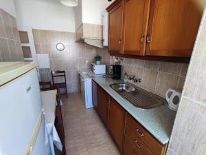 Elle comprend une petite cuisine avec un évier et des placards en bois. dans l'établissement Lisbon traditional T2 with balcony in Damaia, Lisbon, à Amadora