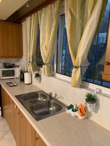 un comptoir de cuisine avec un évier et une fenêtre dans l'établissement Elegant Escapes 3, à Athènes