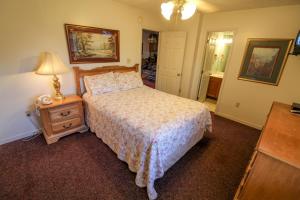 um quarto com uma cama e uma mesa com um candeeiro em Mountain Dew - 2 Bedrooms, 2 Baths, Sleeps 4 cabin em Gatlinburg