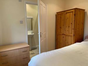 um quarto com uma cama, um armário e um espelho em The Cherwell Garden Annexe em Oxford