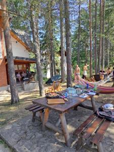 a picnic table and a hammock in the woods at Rustic Home Tara in Kaludjerske Bare
