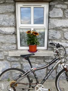 a bike parked in front of a building with a window at Oranuisce Thatch Cottage Ballyvaughan in Ballyvaughan