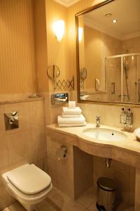 La salle de bains est pourvue d'un lavabo, de toilettes et d'un miroir. dans l'établissement Hotel Branicki, à Białystok