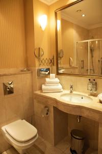 a bathroom with a sink and a toilet and a mirror at Hotel Branicki in Białystok