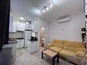 ein Wohnzimmer mit einem Sofa und einer Küche in der Unterkunft Nice flat in Gran Via CB-GRAC-18B in Madrid