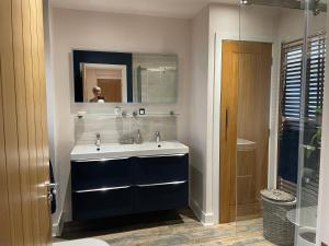 a bathroom with a sink and a mirror at Carbis Bay Suite, Carbis Bay, St Ives, free parking, near beach in Carbis Bay