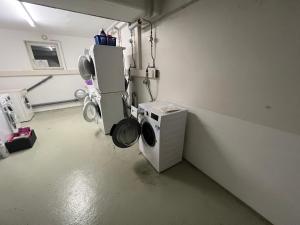 ein Krankenhauszimmer mit einer Waschmaschine in einem Zimmer in der Unterkunft Sunset I Lakeview I BBQ ღLiboria in Herrsching am Ammersee