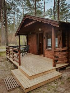 a wooden cabin with a picnic table on a deck at Leśniczówka-Wdzydze Pe eL in Wdzydze Kiszewskie