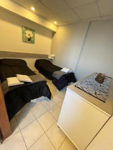 Habitación con 2 camas y nevera. en BZ Apartment en Ushuaia