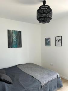 1 dormitorio con 1 cama y luz colgante en Chic & moderne appartement - proximité métro en Asnières-sur-Seine