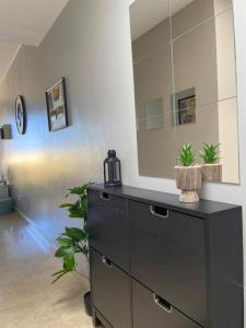 een badkamer met een zwarte dressoir en een spiegel bij Superbe appartement penthouse in Manilva