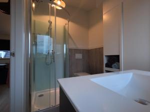 a bathroom with a shower and a white sink at Pancras Penthouspitality in Sint Pancras