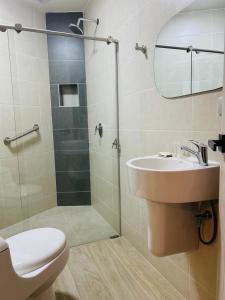 a bathroom with a shower and a toilet and a sink at Hotel Casa Quintana in Aguadas