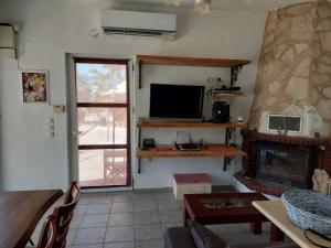 a living room with a fireplace and a television at Elisavet sports villa in Sitia