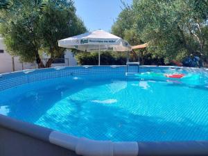 a large swimming pool with an umbrella and a swimming pool at Elisavet sports villa in Sitia