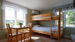 a bunk bed in a room with a table and a desk at Skeppsdockans Vandrarhem in Söderköping