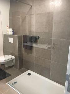 a bathroom with a shower and a toilet at Leuk overnachten in hartje Laarne, dicht bij Gent! in Laarne