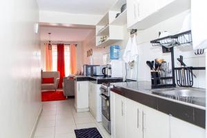 een keuken met een spoelbak en een aanrechtblad bij The Homey Haven in Eldoret +20 foto's