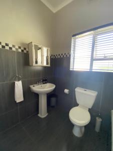a bathroom with a toilet and a sink at Vredelust Cottage in Bellville
