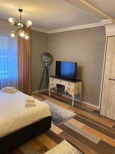 a bedroom with a bed and a tv and a desk at Vera Suit in Istanbul