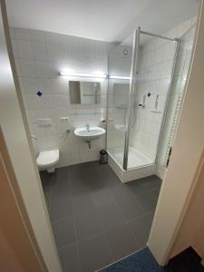 a bathroom with a shower and a sink and a toilet at AWM Korntal in Korntal-Münchingen