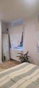 クルジュ・ナポカにあるAnna's Guesthouseのベッドルーム1室(ベッド1台、鏡、窓付)