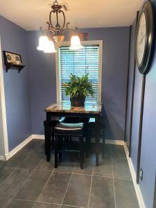 a dining room table with a potted plant on it at Xscapecation Oasis in Tulsa