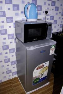 un horno microondas sobre una nevera en Beleen Homes II en Nairobi