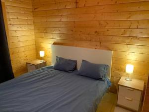 ein Schlafzimmer mit einem Bett mit zwei blauen Kissen in der Unterkunft Chalet de la Rua, Risoul Village in Risoul