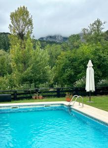 einen Pool mit Sonnenschirm und Sonnenschirm in der Unterkunft Posada San Pelayo in Camaleño