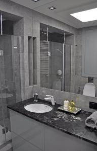 a bathroom with a sink and a shower at Apartament Kewin in Gdańsk